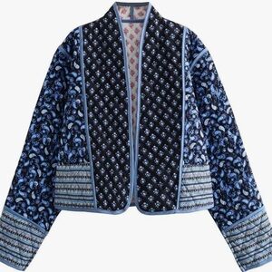 Quilted indigo floral boxy boho waist length lightweight jacket sz Medium